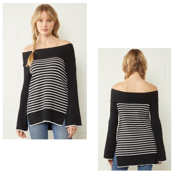 ENTRO STRIPED OVER THE SHOULDER SWEATER - Picture 2 of 12
